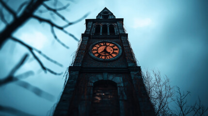 Low-angle view of an old clock tower with weathered brick and a large clock face, set against a moody, overcast sky with bare branches in the foreground.
