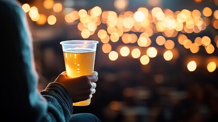 A lone hand holds a plastic cup of beer the golden liquid glowing against a backdrop of warm blurry lights
