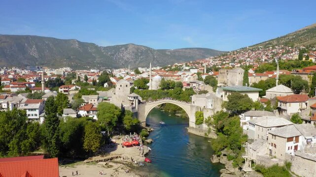 Drone view of Mostar bridge in Bosnia and Herzegovina