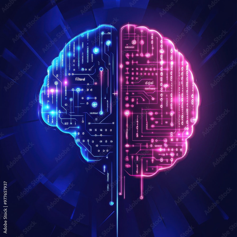 Poster futuristic digital brain with circuit board connections, showcasing artificial intelligence and tech