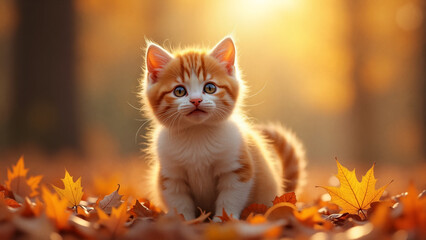 Autumn colors - Closeup shot of a ginger little kitten standing on a pile of autumn leaves under the sun. It showcases a domestic cat enjoying the outdoors