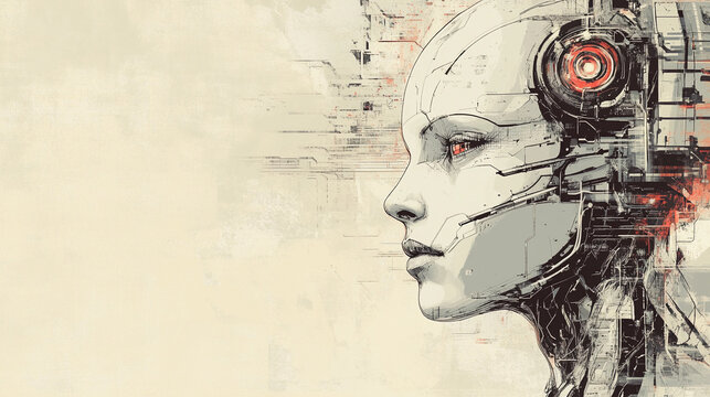 Sketch of a futuristic AI artificial intelligence robot side profile view female likeness banner room for copy text at left