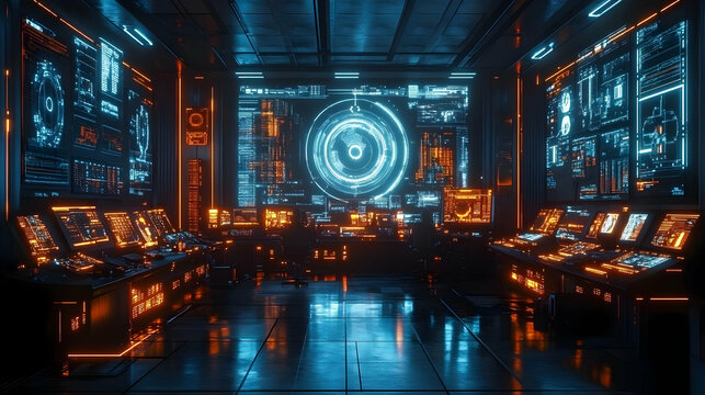 Futuristic Control Room with Neon Lights 3D Render
