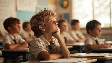 Fototapeta premium Young Boy in Classroom Eyes Up Blurry Background Hopeful Expression