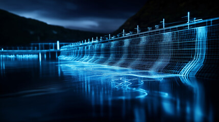 A wireframe model of a dam and hydroelectric plant, with visible water flow paths and invisible internal turbine systems displayed on separate transparent layers.