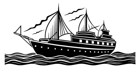  ship in the sea vector black illustration