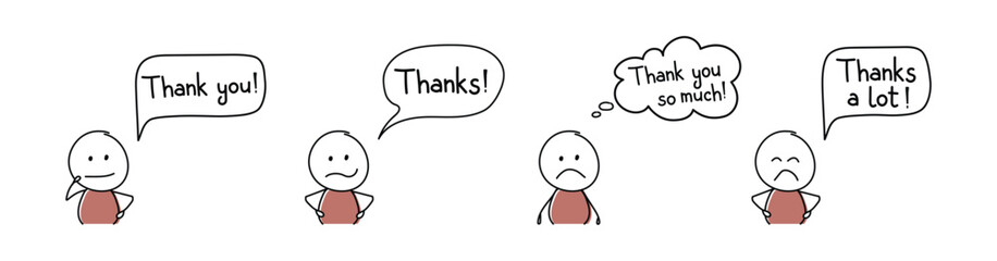 Happy stickman with speech bubble - thank you, thanks. Vector