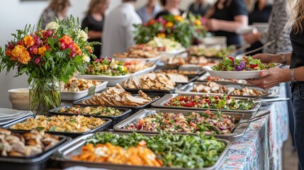 Buffet Feast A Hand Reaches for Salad Food Spreads Wide with Colorful Blooms in Foreground