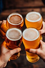 Cheers Overhead View of Four Beer Glasses Held High Capturing the Joy of Shared Drinks