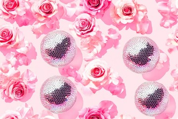 Girly Seamless Pattern with Pink Roses and Disco Balls - Perfect for Party Invitations, Cards, Posters