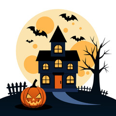 Halloween background with pumpkin and bats house in transparent