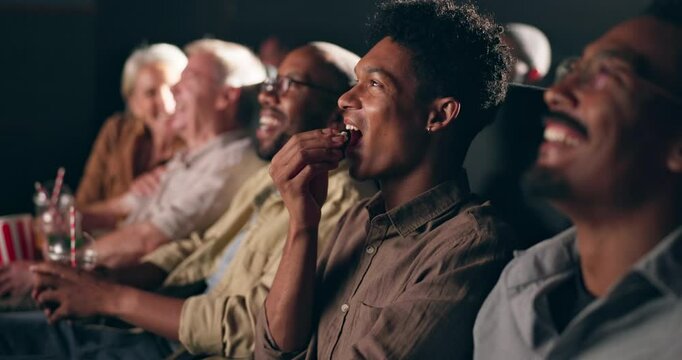 Diversity, audience and cinema with laugh for comedy in movie for fun, enjoy and joke for entertainment. People, crowd and theatre for premier or watch show with drama, action and happy with story