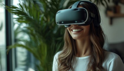 beautiful smiling woman with a VR headset on her head discovering an apartment during a virtual tour.