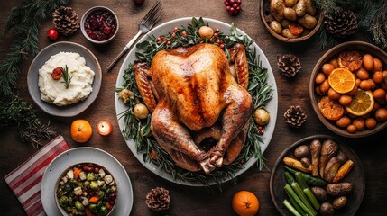 Overhead Festive Feast Roasted Turkey on Rustic Table with Side Dishes and Christmas Decor