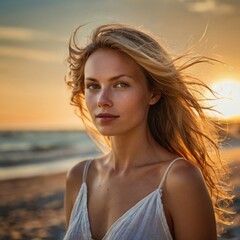 Fototapeta premium woman on the beach at sunset
