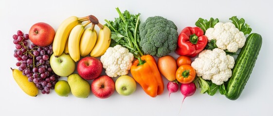 Rainbow of Freshness A vibrant arrangement of fruits and vegetables in a flat lay composition on a white background