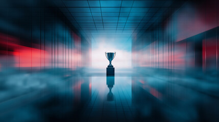 A detailed first-place trophy stands amid an ethereal, surreal exhibition hall with abstract shapes and floating platforms, evoking a dreamlike quality of success.