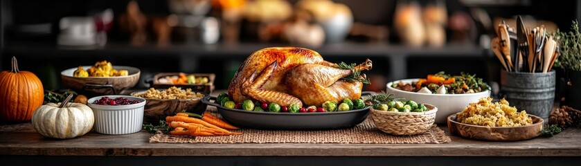 Fototapeta premium Feast Ready Roasted Turkey Centered on Rustic Table with Side Dishes and Pumpkins in Low Light