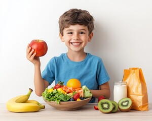 Fototapeta premium Smiling Boy Holds Apple Enjoying Fruit Salad and Milk A Healthy Lunch Concept