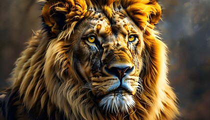 Intense gaze of a powerful lion with golden mane and striking yellow eye, captivating attention and...