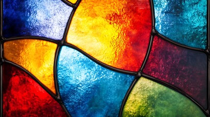 A vibrant, colorful stained glass window background with a large, clear space for text