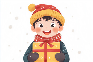 Illustration of a child holding a Christmas gift on a white background, New Year, gifts. postcard, design