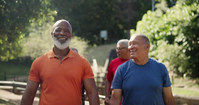 Nature, fitness and senior men walking in outdoor park or field for fresh air and exercise. Sports, diversity and group of elderly male friends with cardio workout in garden for wellness and health.
