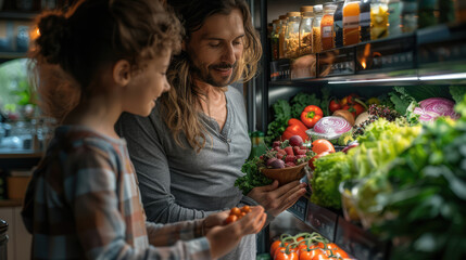 Obraz premium A family using a smart refrigerator with a touchscreen interface, showcasing connected kitchen appliances