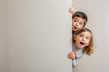 Playful children peeking out from behind a wall in surprise