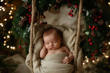 Christmas theme, a newborn baby nestled in the cozy cushions of a hanging swing. 