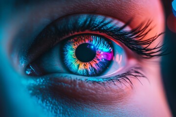 Electric blue eye with red highlights glowing in a neon environment blending vibrant colors with sharp details in a futuristic style