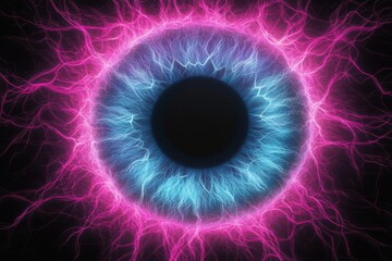 Surreal and electrifying close up of a human eye iris with glowing energy patterns and abstract electric designs combining surrealism and futuristic elements