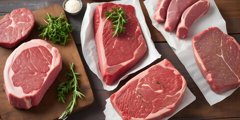 Fresh raw beef steaks on a wooden cutting board, accompanied by rosemary, tomatoes, garlic, and spices, ready for cooking.
