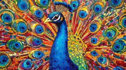 Generate a high-resolution mosaic of a beautiful peacock with its feathers fanned out
