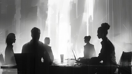 Discussion among silhouettes in a dimly lit urban setting
