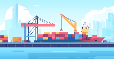 Obraz premium Cargo Ship at Dock with Cranes Loading Shipping Containers for Global Trade