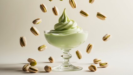 A bowl of pistachio ice cream with flying pistachio nuts around it