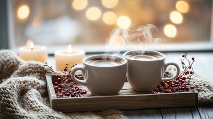 Fototapeta premium autumn scene centered around two steaming cups of coffee on a rustic wooden tray. 