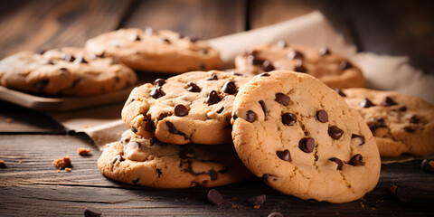 Naklejka premium Close up of chocolate chip cookies on wooden table background
