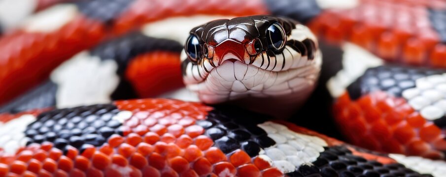 Close-up of a vibrant milk snake featuring its distinctive red, black, and white scales, showcasing the reptile's striking patterns and textures