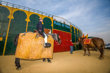 Aznalcazar, Spain, June 8 20007, Picador and Horses Await at Portable Bullring in Aznalcazar