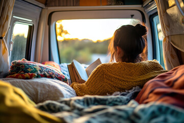 Young woman is relaxing inside her camper van, reading a book as the sun sets outside