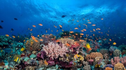 Wide view underwater coral reef background in the deep blue ocean with vibrant fish and marine life
