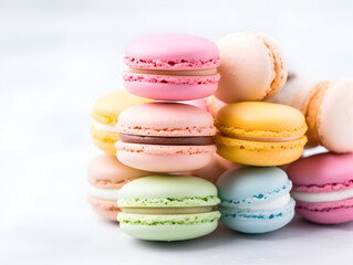 Obraz premium A stack of sweet pastel macaroons cookies on soft grey blurry background with cops space 