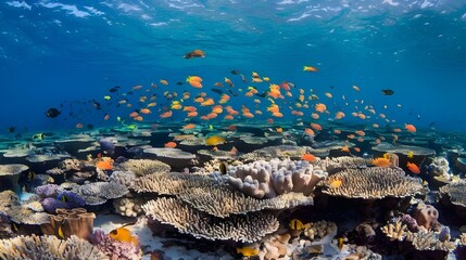 Wide view underwater coral reef background in the deep blue ocean with vibrant fish and marine life

