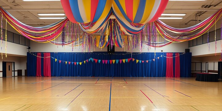 A large, empty gymnasium decorated with colorful fabric streamers and flags hanging from the ceiling.