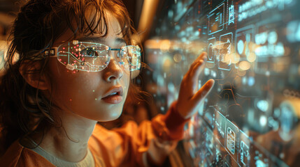 A futuristic classroom where students are interacting with AR displays for enhanced learning experiences