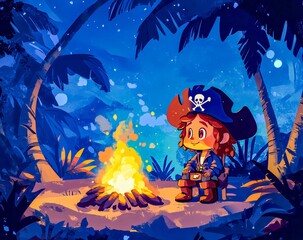 Pirate Sitting by a Campfire under Palms