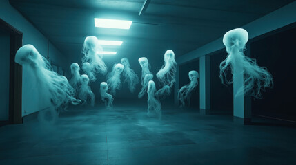Ethereal, ghost-like figures floating in a dark, eerie corridor with a misty atmosphere and blue lighting, creating a supernatural and haunting ambiance.