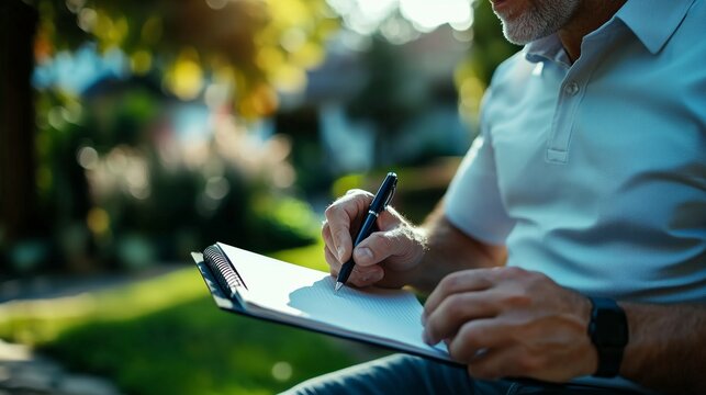 Close up of Man Writing in a Notebook Outdoors